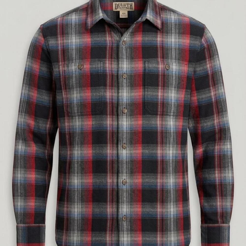 Duluth Trading Co. Red, Black, and Gray Plaid Flannel Shirt Size: Large